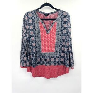 Lucky Brand Block Floral Boho Peasant Navy Pink Top XL V-Neck Cotton Western